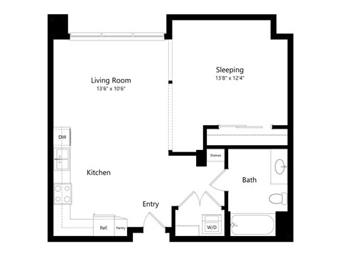 Floor plan for studio, 1 bath, 653 sqft